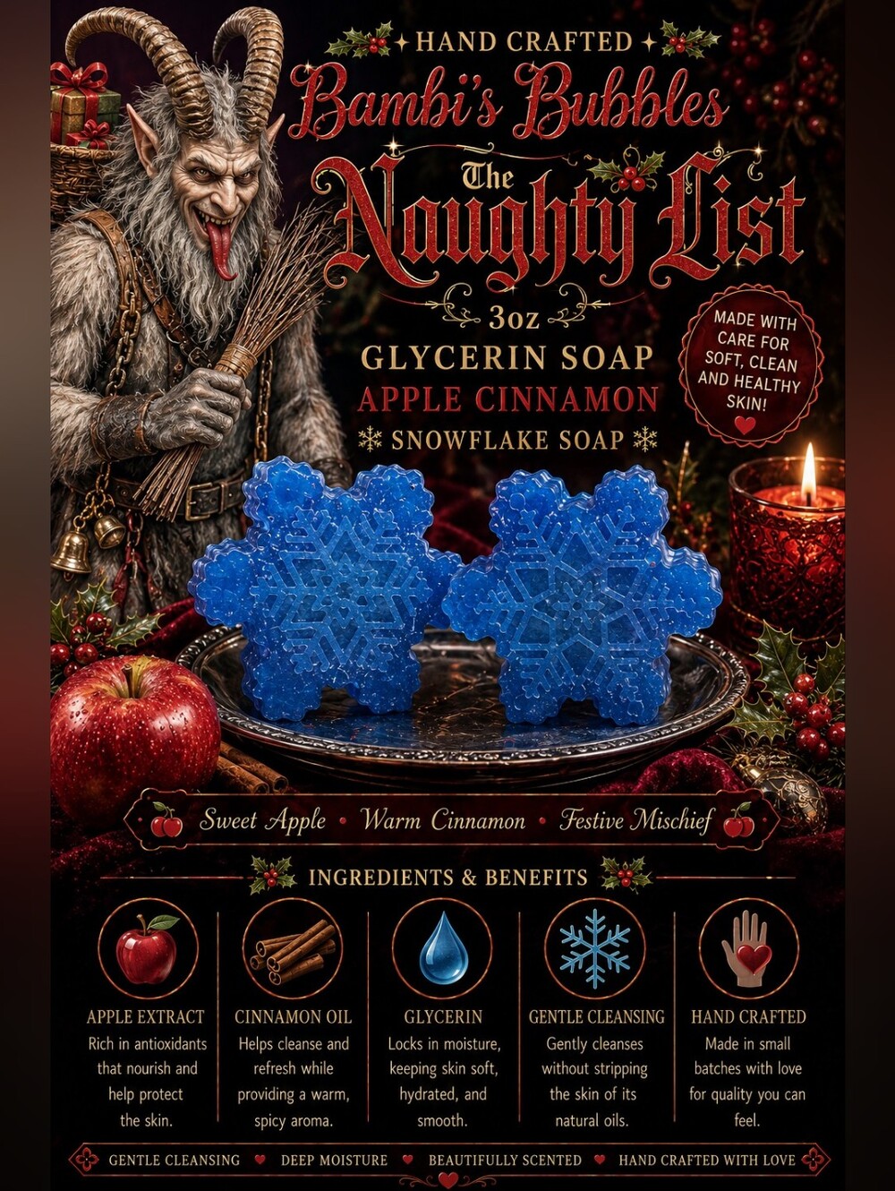 NEW! Hand Crafted The Naughty List Glycerin Snowflake 3oz Soap